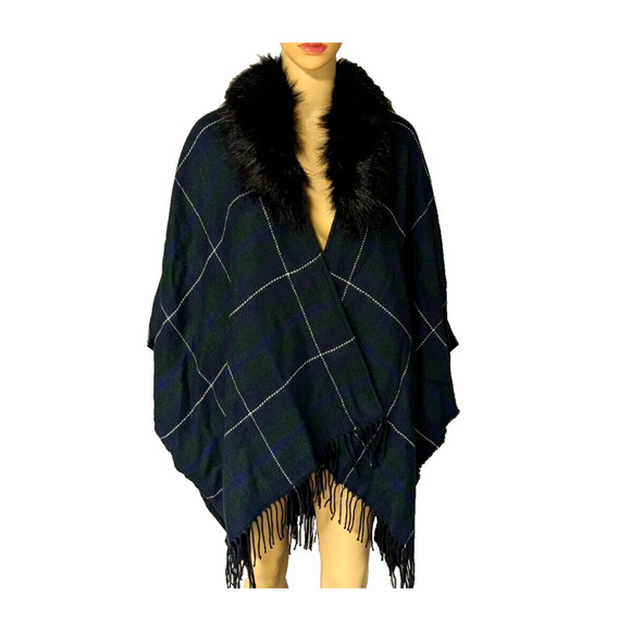 Lauren Ralph Lauren Reversible Plaid Poncho Wrap One Size Faux Fur Collar NWT - Picture 1 of 7
